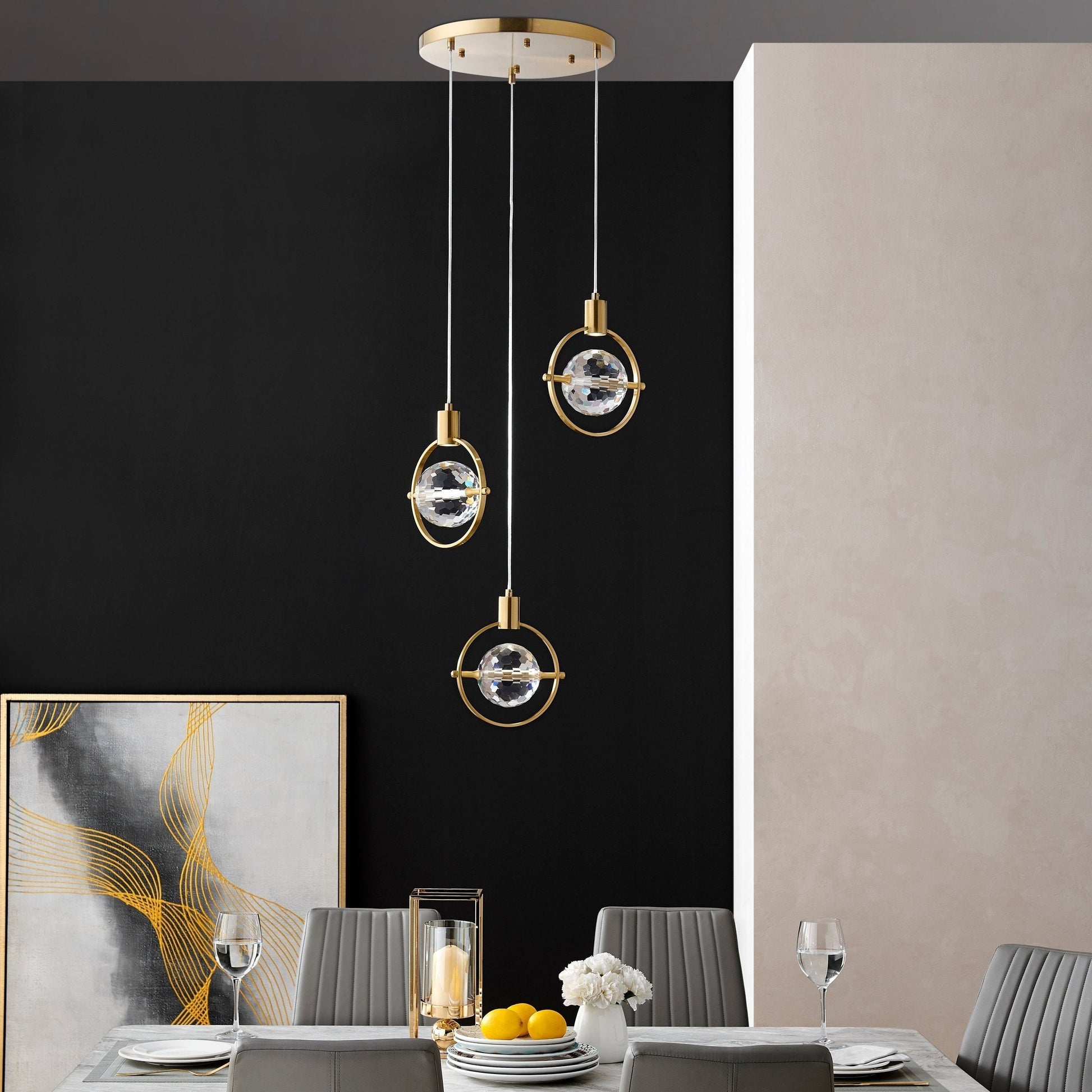 Finesse Decor Hollywood 18" W x 9" H Gold Finish 3-Light LED Crystal Globe Chandelier