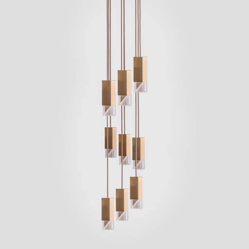 Formaminima Lamp/One 9-Light Satin Golden Matt Solid Brass & Crystal Glass Chandelier
