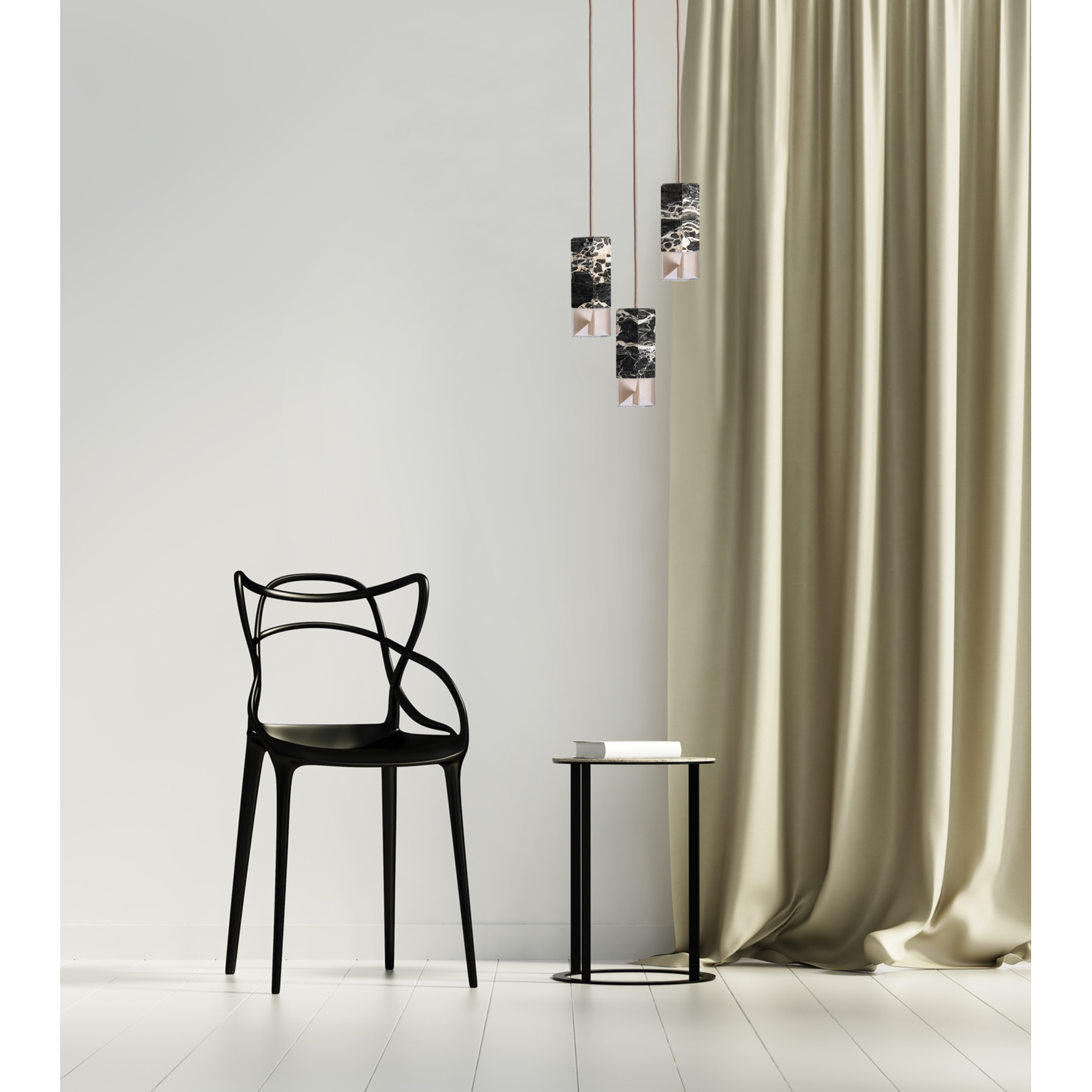 Formaminima Lamp/One Black & Gold Marble & Crystal Glass Trio Chandelier