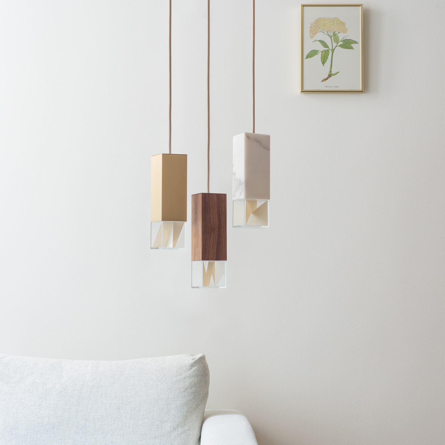 Formaminima Lamp/One Collection Solid Brass, White Calacatta Marble, Canaletto Walnut Wood & Crystal Glass Chandelier