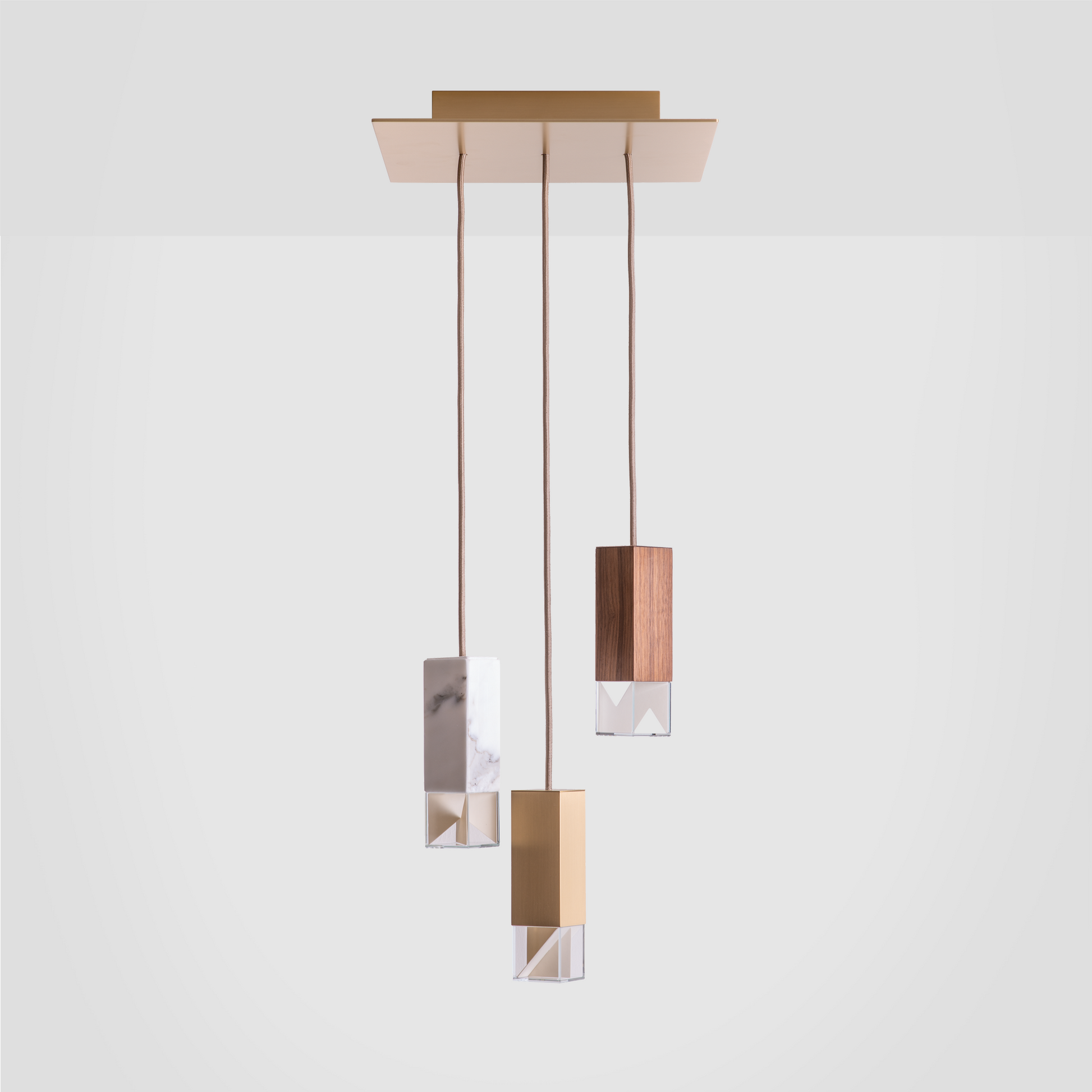Formaminima Lamp/One Collection Solid Brass, White Calacatta Marble, Canaletto Walnut Wood & Crystal Glass Chandelier