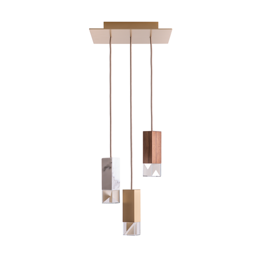 Formaminima Lamp/One Collection Solid Brass, White Calacatta Marble, Canaletto Walnut Wood & Crystal Glass Chandelier