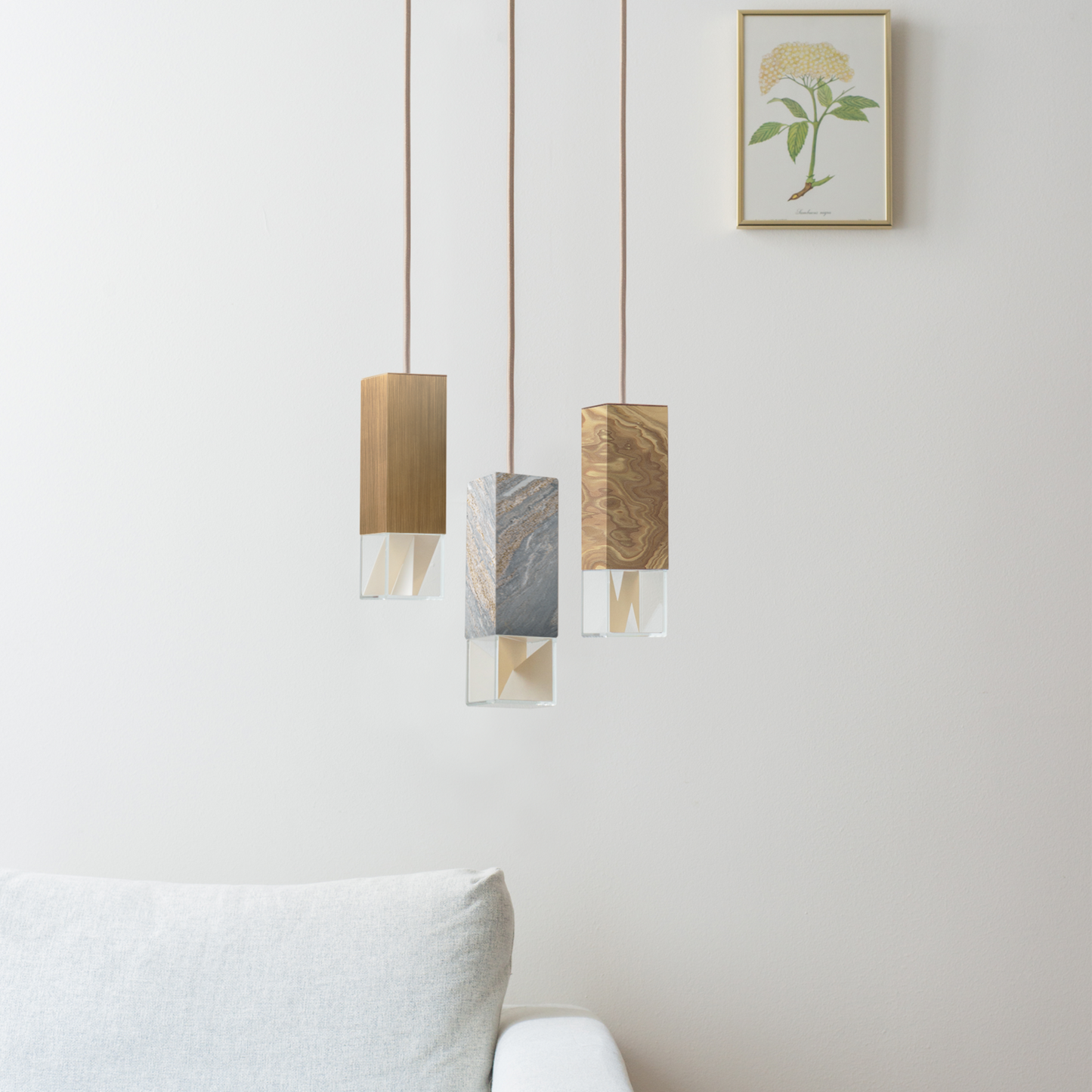 Formaminima Lamp/One Limited Revamp 01 Edition Marble, Burnished Striped Brass, Olive Briarwood & Crystal Glass Trio Chandelier