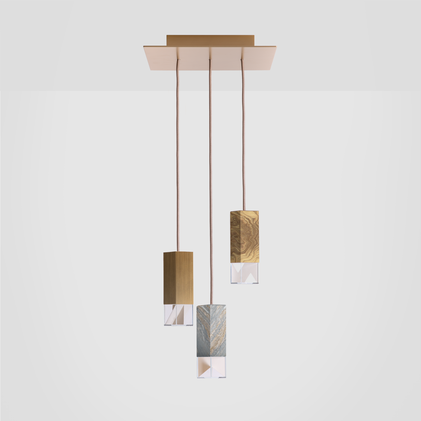 Formaminima Lamp/One Limited Revamp 01 Edition Marble, Burnished Striped Brass, Olive Briarwood & Crystal Glass Trio Chandelier