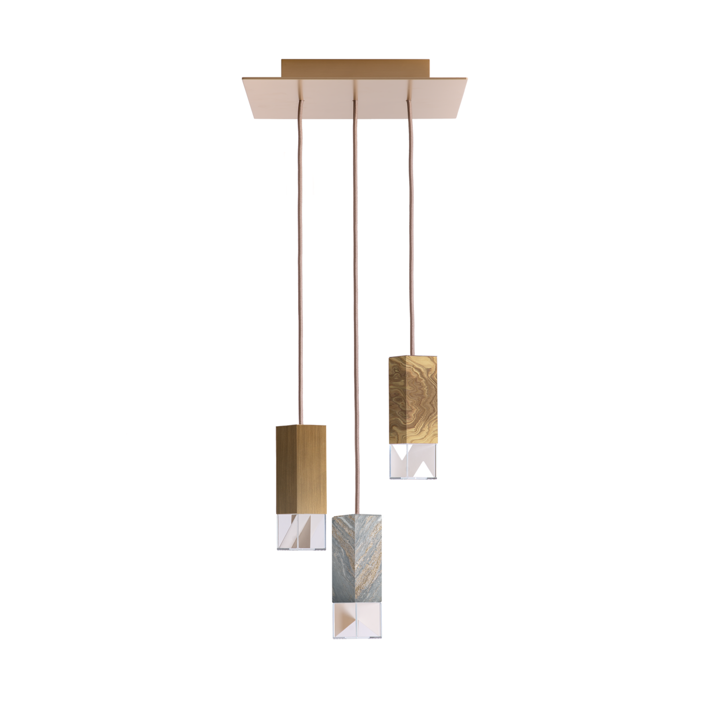 Formaminima Lamp/One Limited Revamp 01 Edition Marble, Burnished Striped Brass, Olive Briarwood & Crystal Glass Trio Chandelier