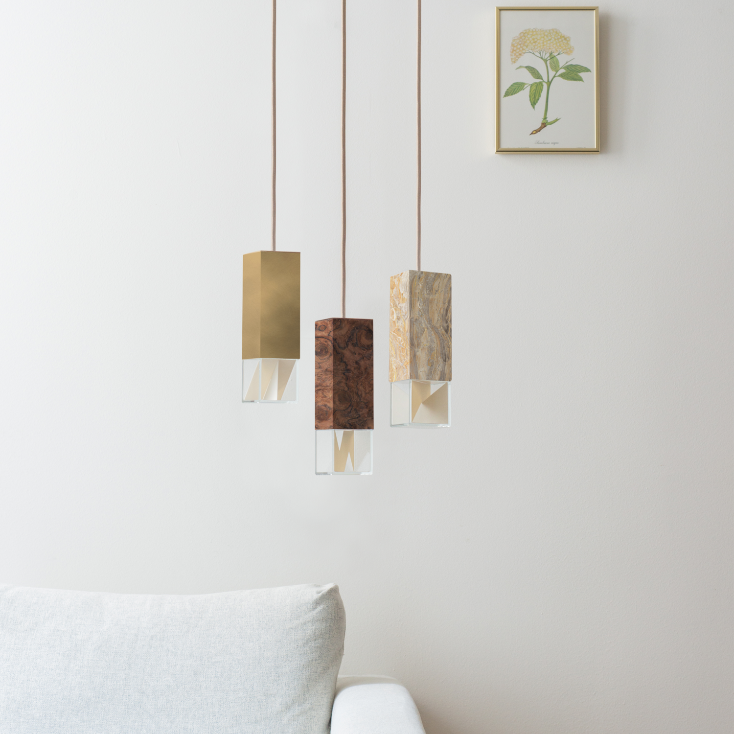 Formaminima Lamp/One Limited Revamp Edition 02 Marble, Burnished Brushed Brass, Walnut Briarwood & Crystal Glass Trio Chandelier