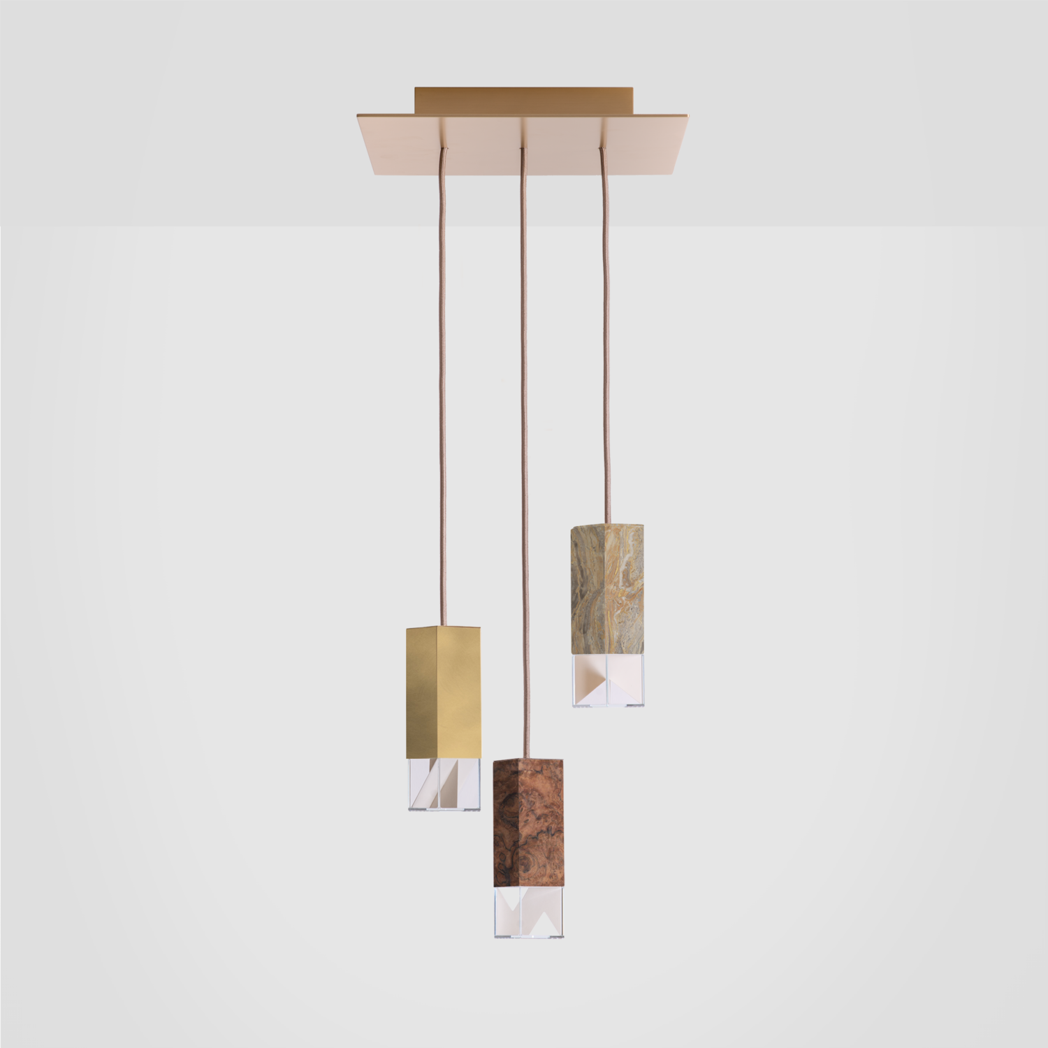 Formaminima Lamp/One Limited Revamp Edition 02 Marble, Burnished Brushed Brass, Walnut Briarwood & Crystal Glass Trio Chandelier