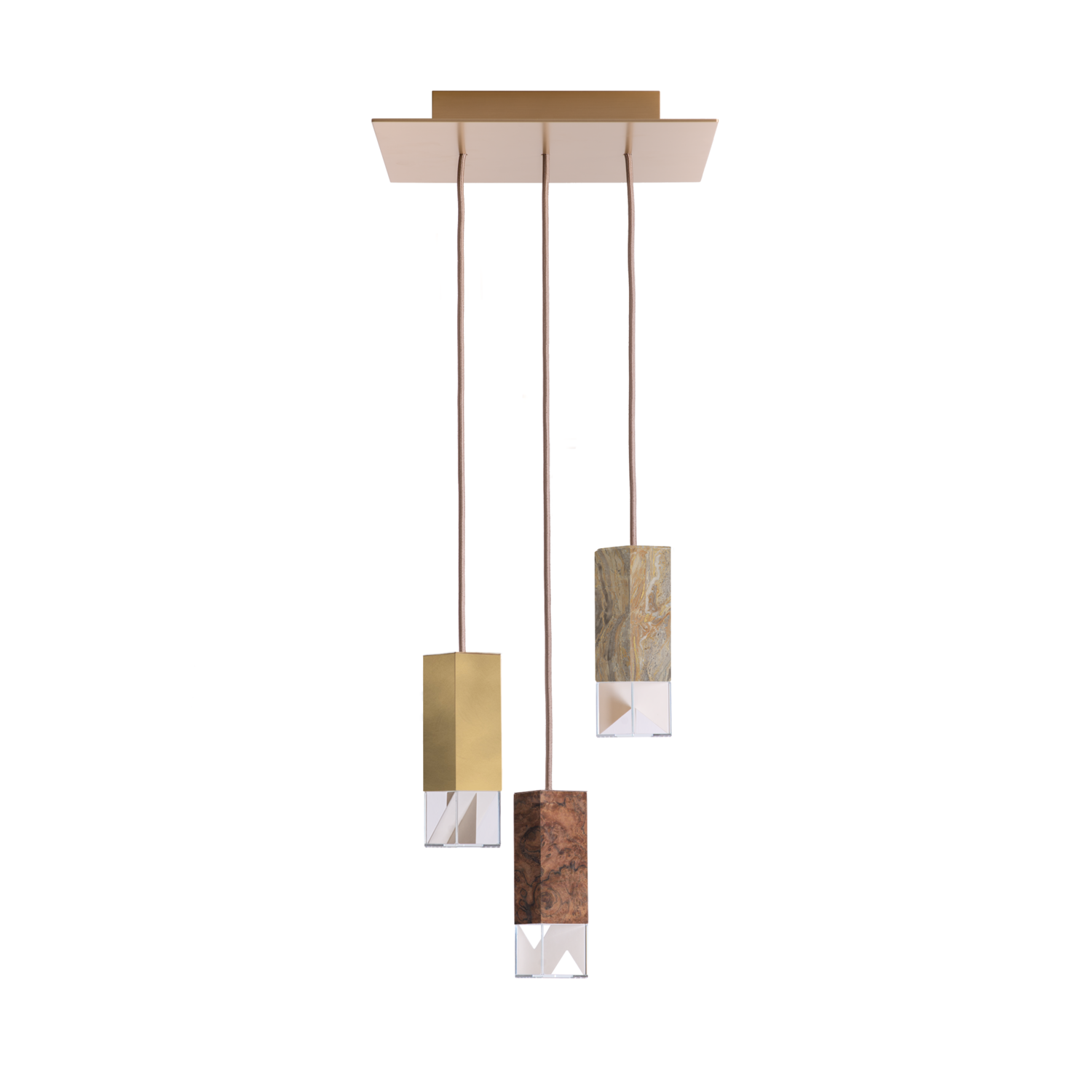 Formaminima Lamp/One Limited Revamp Edition 02 Marble, Burnished Brushed Brass, Walnut Briarwood & Crystal Glass Trio Chandelier