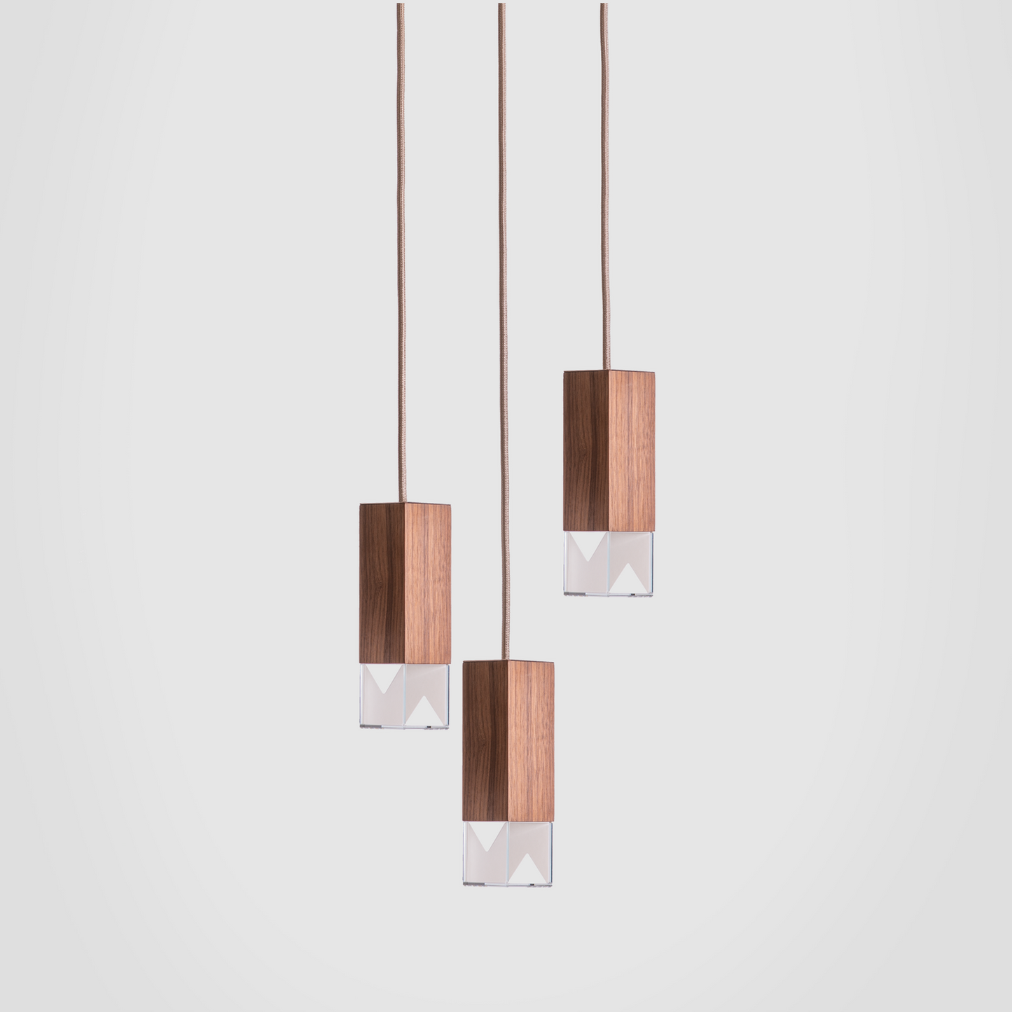 Formaminima Lamp/One Solid Canaletto Walnut Wood & Crystal Glass Trio Chandelier