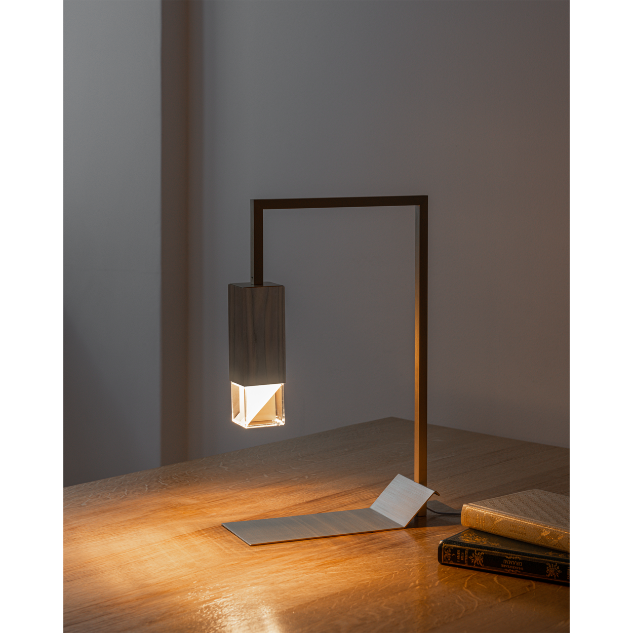 Formaminima Lamp/Two Solid Canaletto Walnut Wood & Crystal Glass Table Lamp