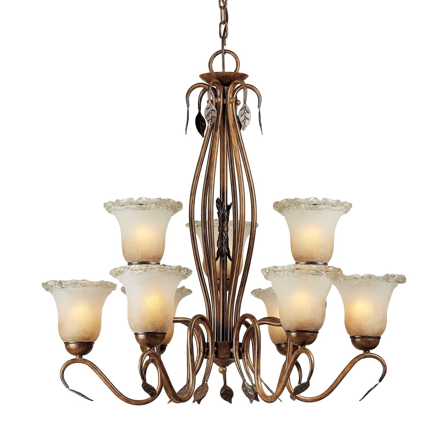 Forte Lighting Ashton 30" 9-Light Steel Rustic Sienna Chandelier With Umber Ice Glass Shades