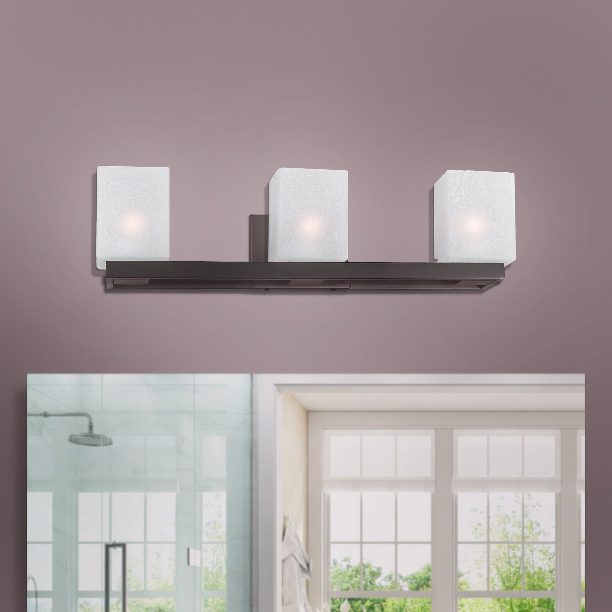 Forte Lighting Bloq 24" 3-Light Steel Antique Bronze Bath Bar With White Linen Glass Shades