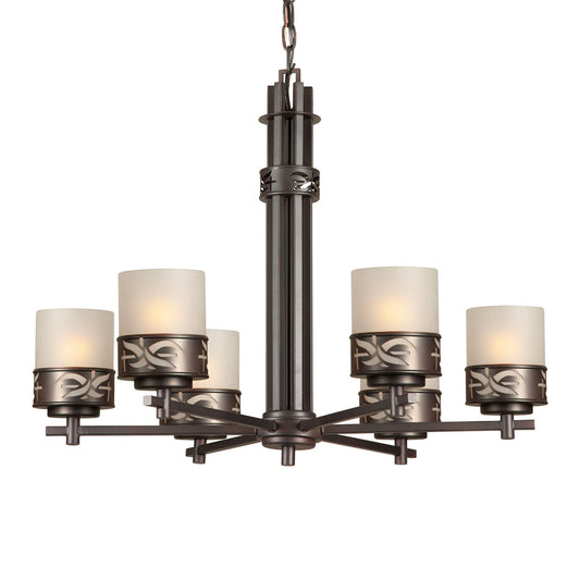 Forte Lighting Braeburn 28" 6-Light Steel Antique Bronze Round Chandelier With Umber Linen Glass Shades