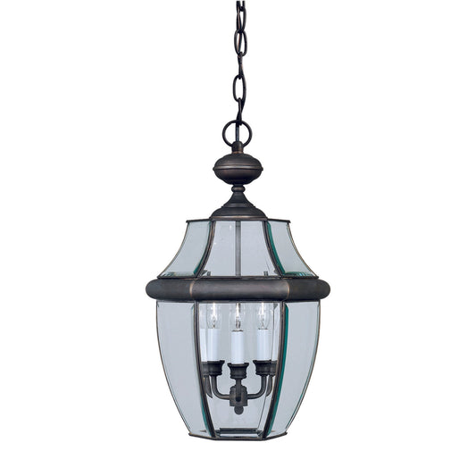 Forte Lighting Cambridge 12" 3-Light Brass Royal Bronze Outdoor Pendant With Clear Beveled Glass Panel Shade