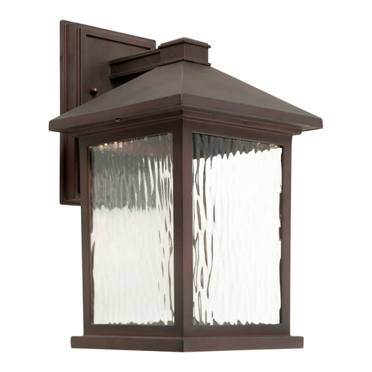 Forte Lighting Cardiff 8" 1-Light LED Die Cast Aluminum Antique Bronze Outdoor Wall Light With Clear Water Glass Panels Shade