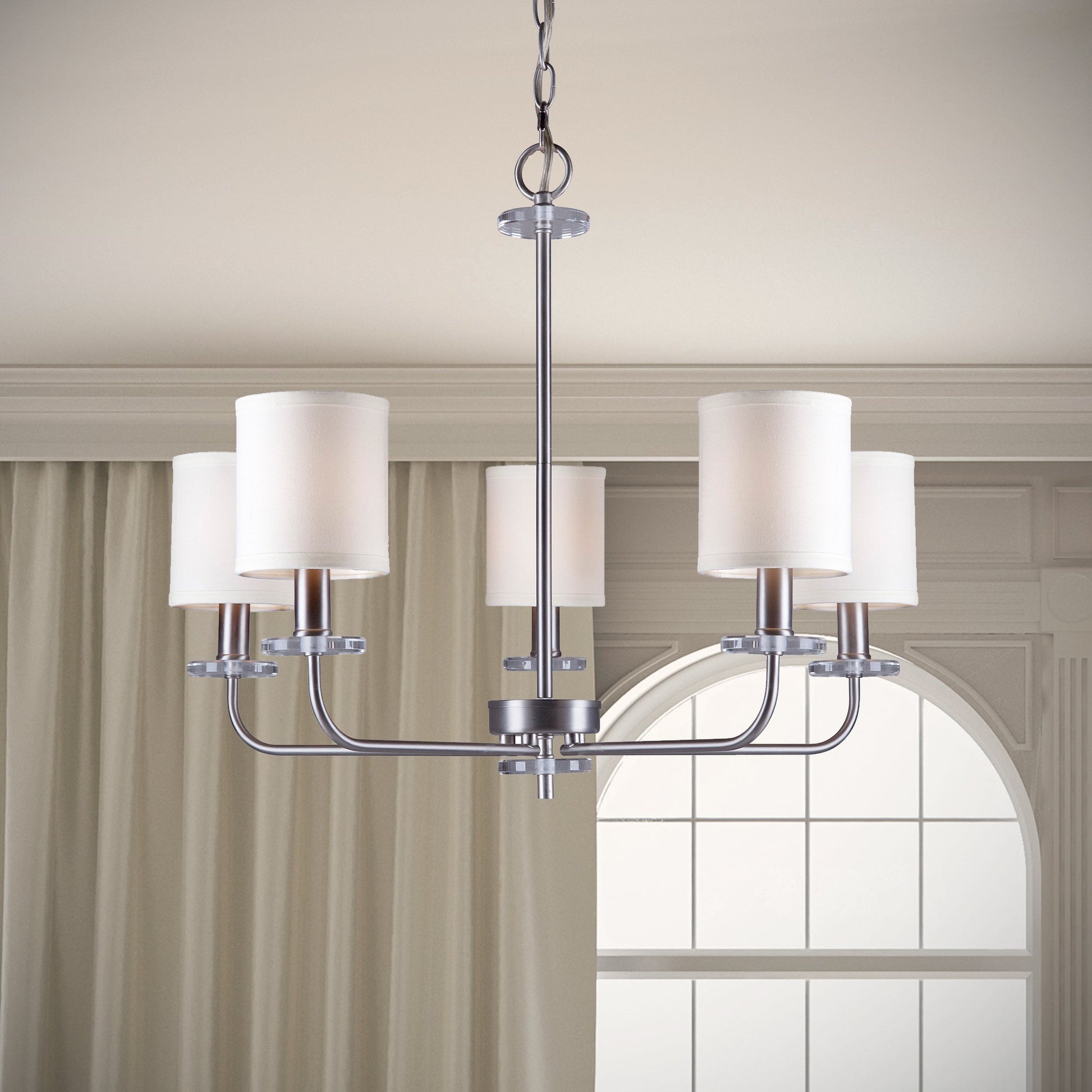 Forte Lighting Drake 27" 5-Light Steel Brushed Nickel Chandelier With Off White Linen Shades