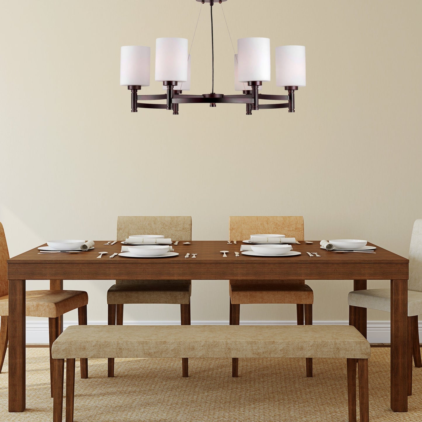 Forte Lighting Earl 30" 6-Light Steel Antique Bronze Chandelier With Satin Opal Glass Shades