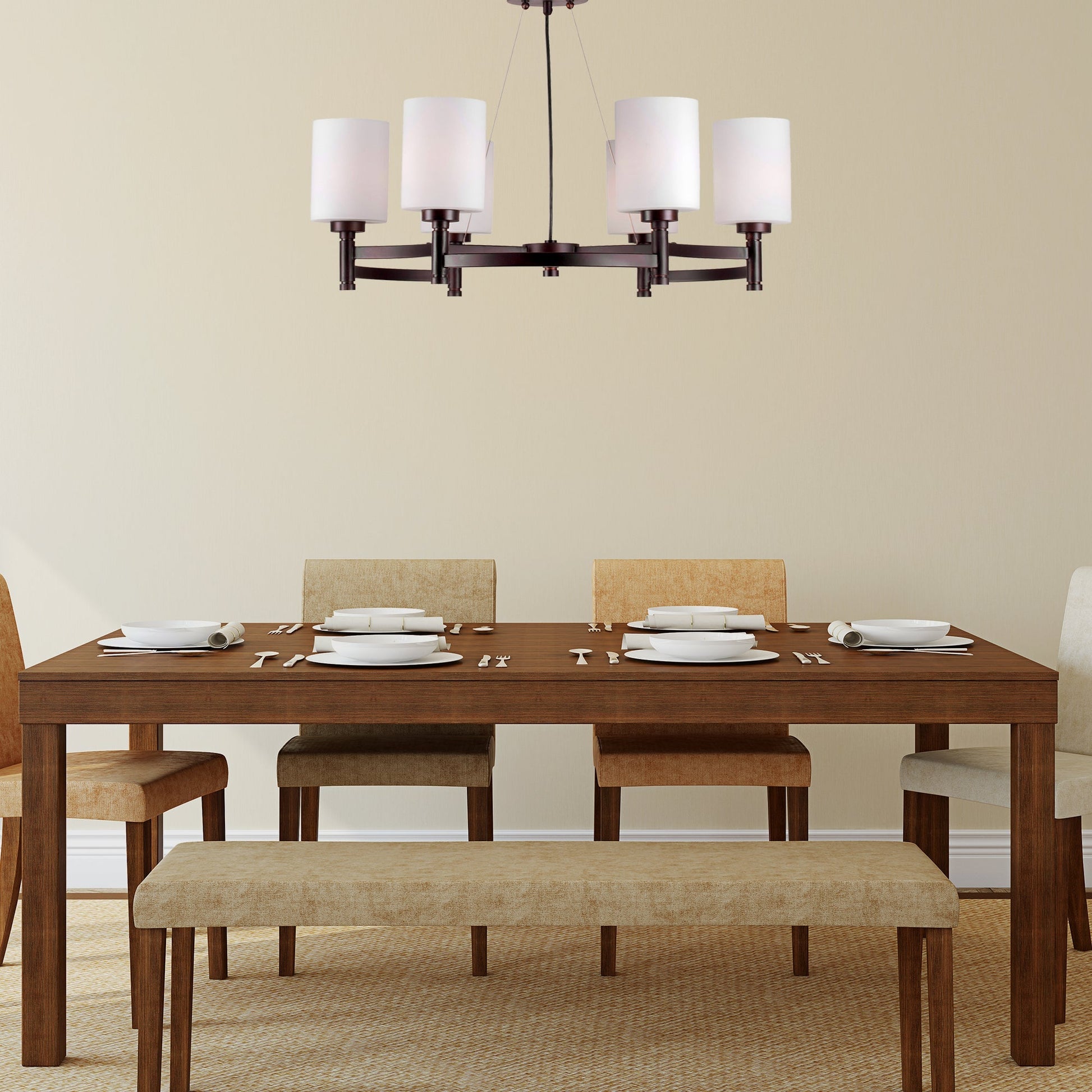 Forte Lighting Earl 30" 6-Light Steel Antique Bronze Chandelier With Satin Opal Glass Shades