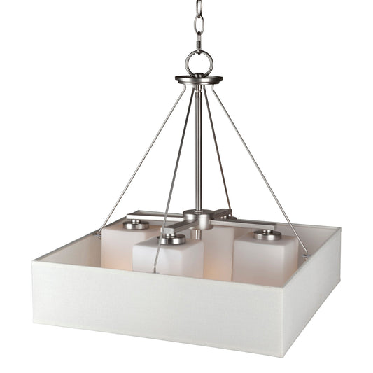 Forte Lighting Fran 18" 4-Light Steel Square Brushed Nickel Pendant With Square Fabric Shade & Satin Opal Glass Shades