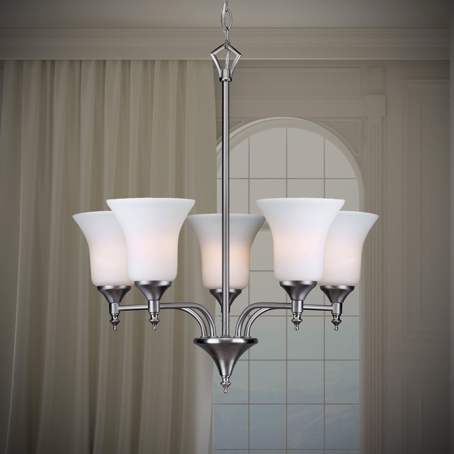 Forte Lighting Gian 20" 5-Light Steel Brushed Nickel Chandelier With Satin Opal Glass Shades