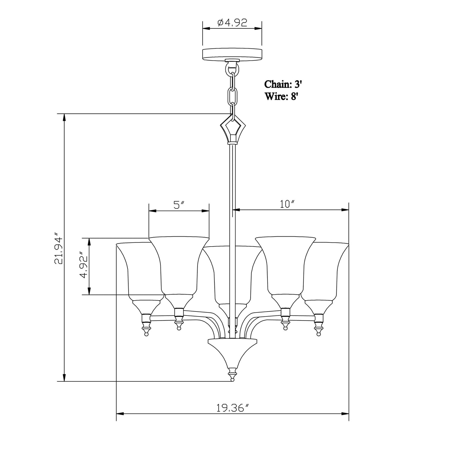 Forte Lighting Gian 20" 5-Light Steel Brushed Nickel Chandelier With Satin Opal Glass Shades