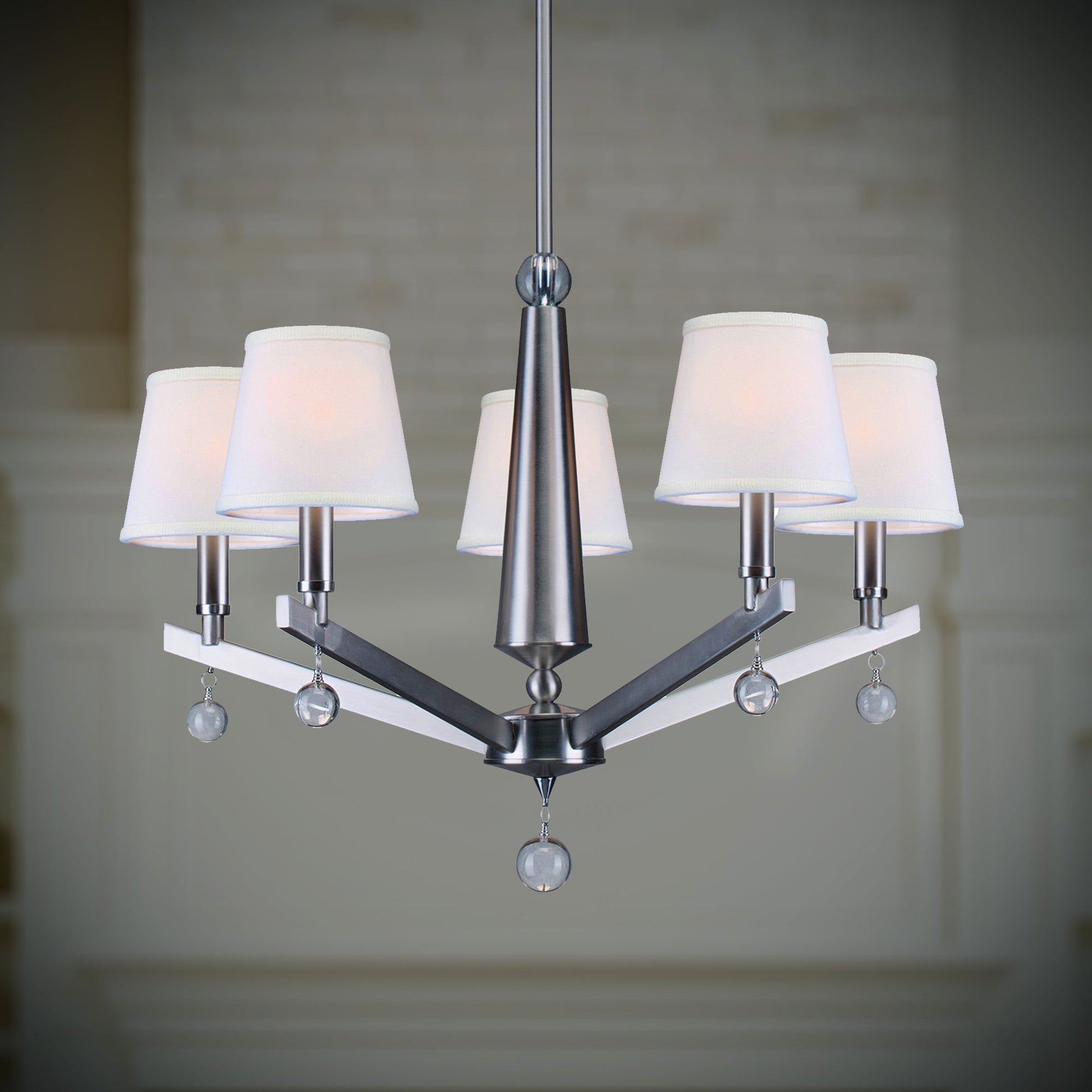 Forte Lighting Grant 26" 5-Light Steel Brushed Nickel Round Chandelier With Off White Linen Shades