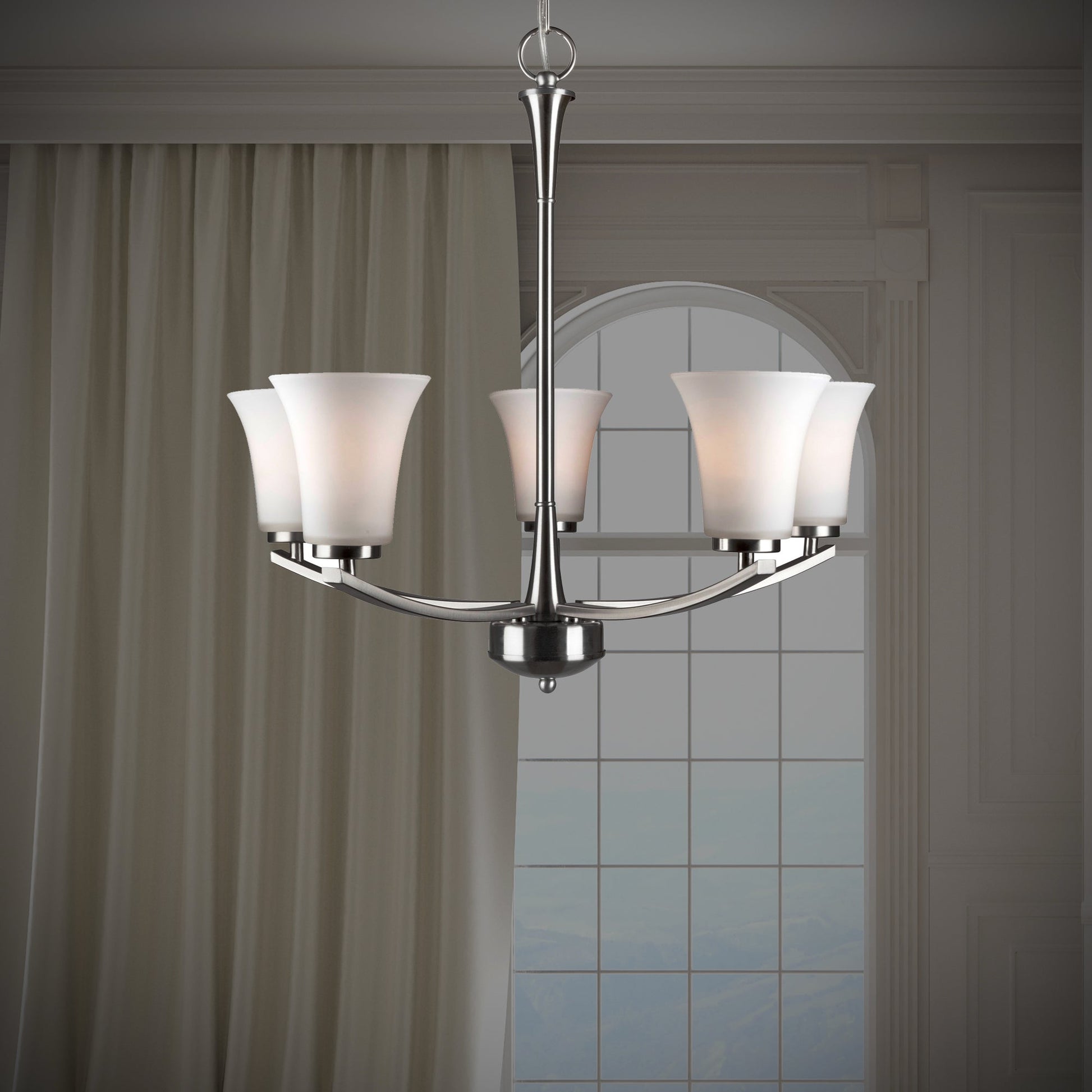 Forte Lighting Hale 24" 5-Light Steel Brushed Nickel Round Chandelier With White Glass Shades