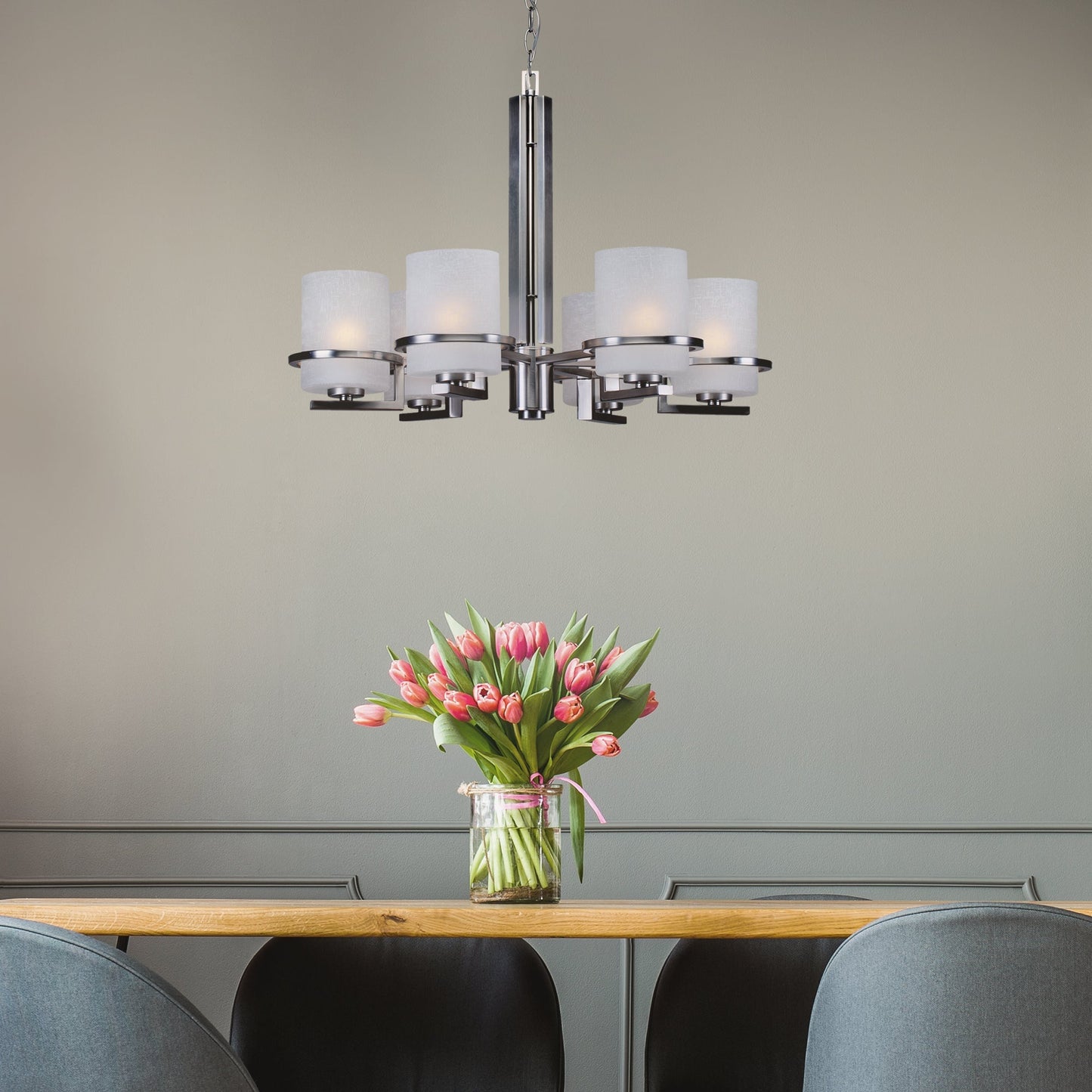 Forte Lighting Halo 28" 6-Light Steel Brushed Nickel Chandelier With White Linen Glass Shades