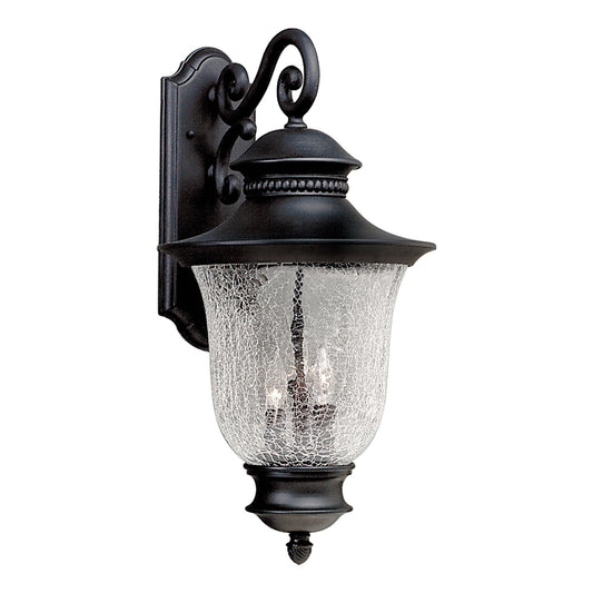 Forte Lighting Holloway 12" 3-Light Die Cast Aluminum Black Outdoor Wall Light With Clear Crackle Glass Shade