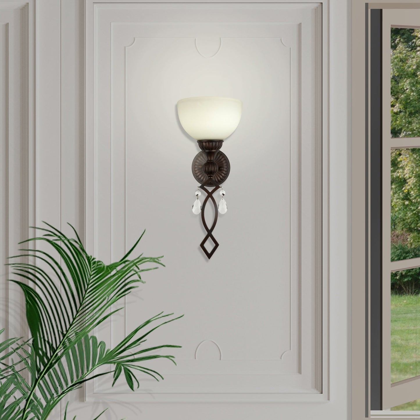 Forte Lighting Julie 8" Steel Antique Bronze Wall Sconce With White Glass Shade