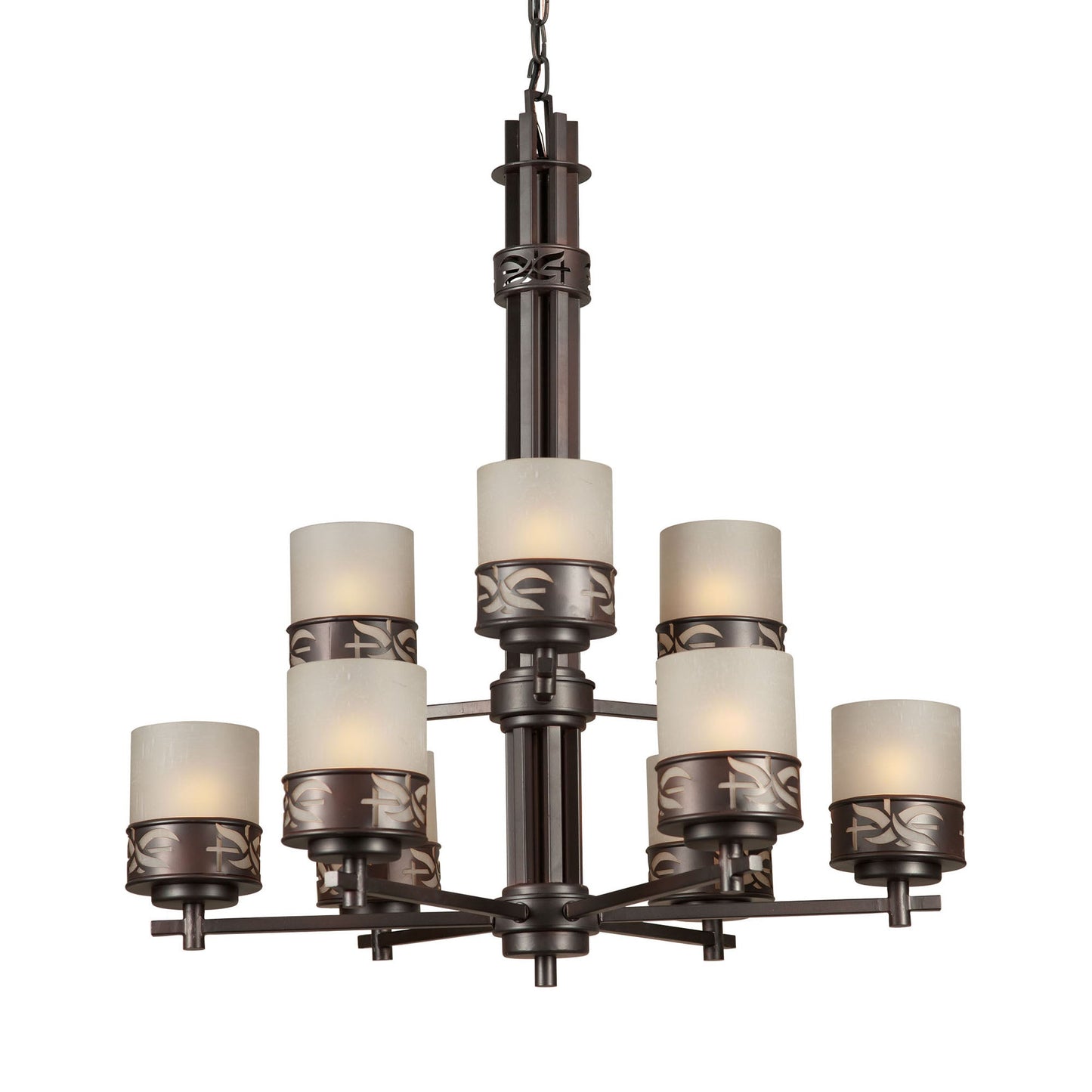 Forte Lighting Len 28" 9-Light Steel Antique Bronze Chandelier With Umber Linen Glass Shades