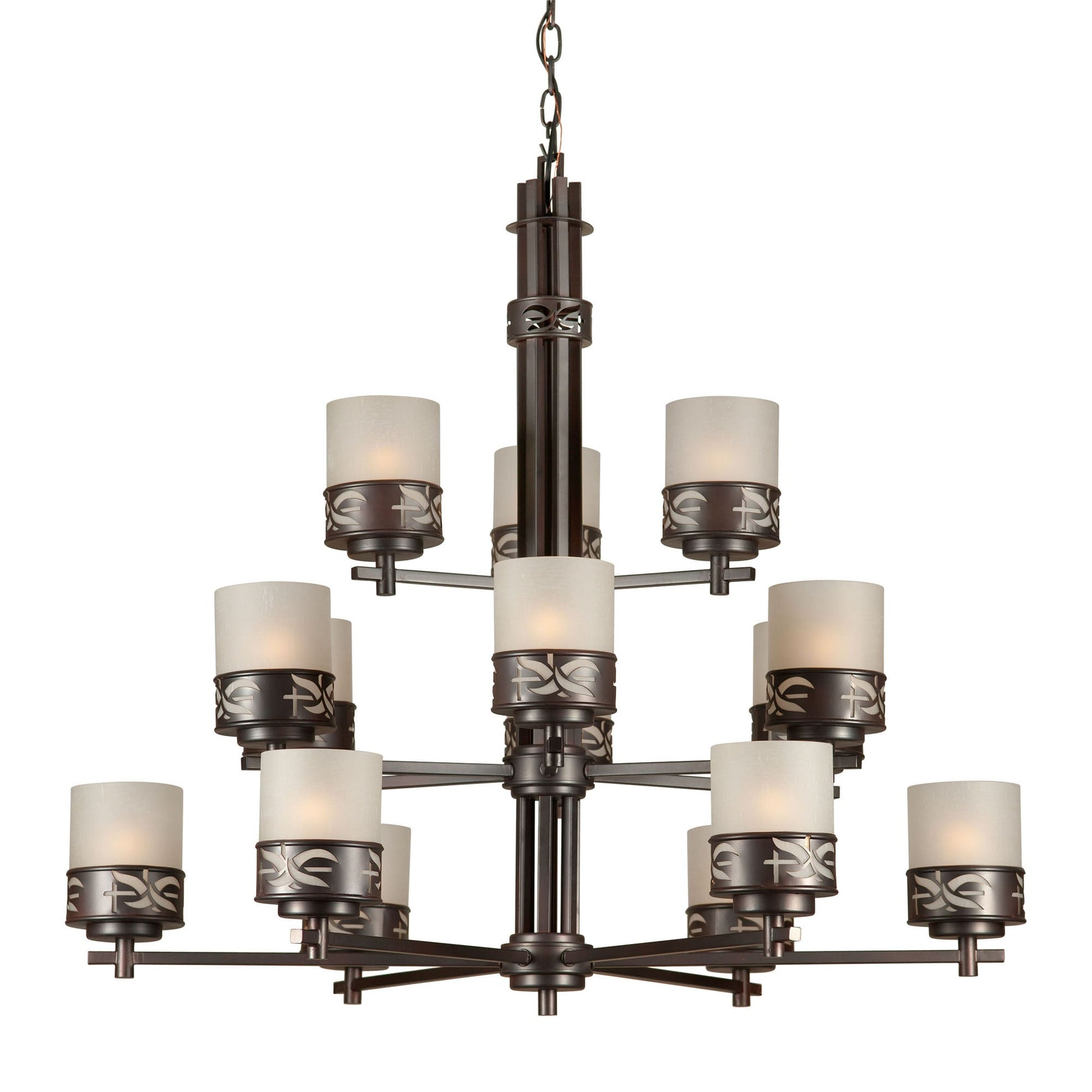 Forte Lighting Len 38" 15-Light Steel Antique Bronze Chandelier With Umber Linen Glass Shades