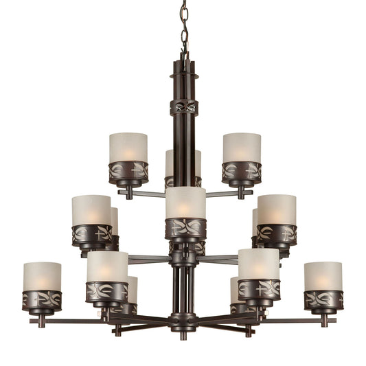 Forte Lighting Len 38" 15-Light Steel Antique Bronze Chandelier With Umber Linen Glass Shades