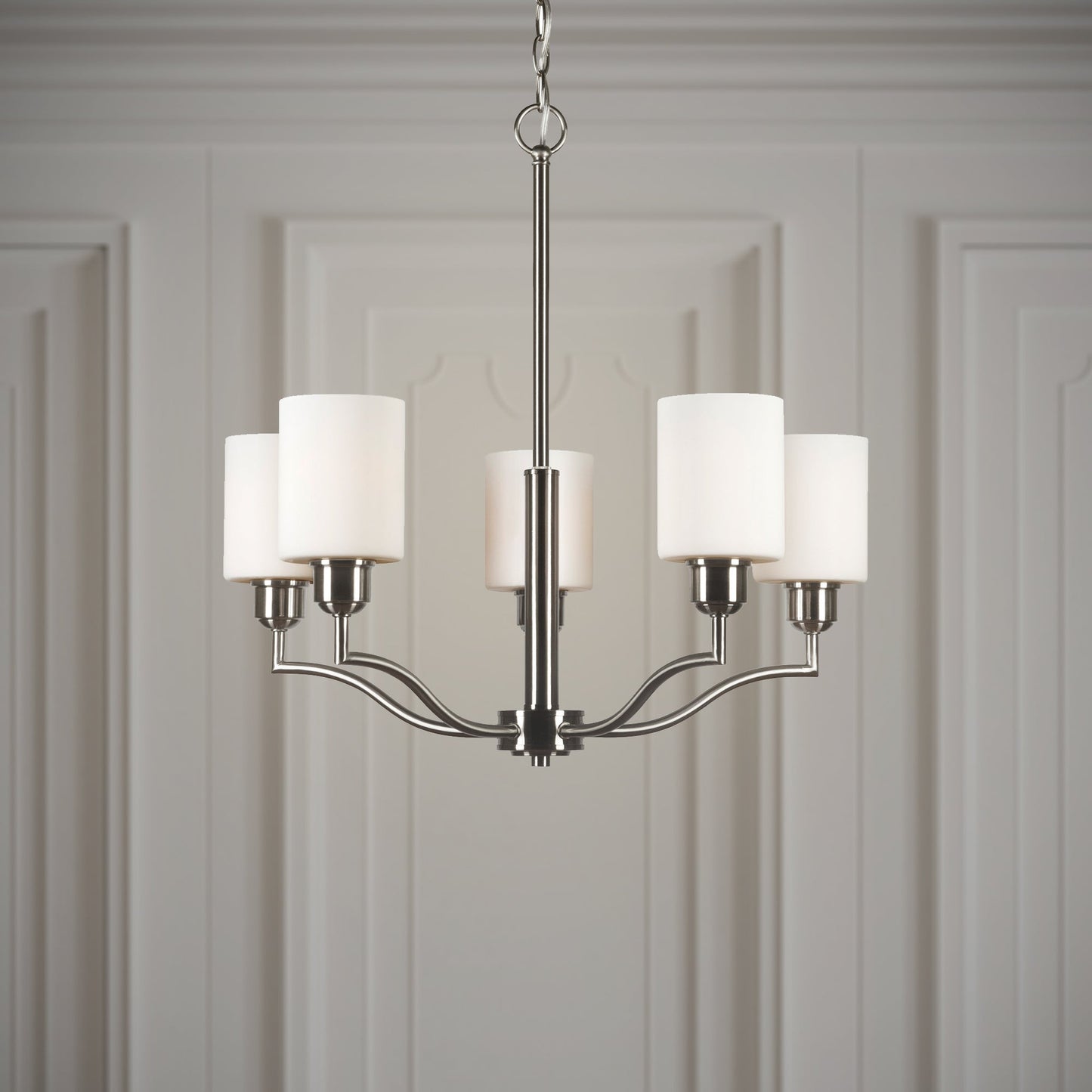 Forte Lighting Nao 25" 5-Light Steel Brushed Nickel Round Chandelier With White Glass Shades