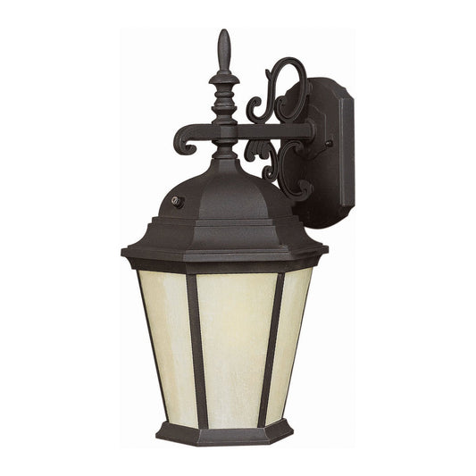Forte Lighting Oliver 8" 1-Light Fluorescent Die Cast Aluminum Black Outdoor Wall Light With Frosted Seeded Glass Panels Shade