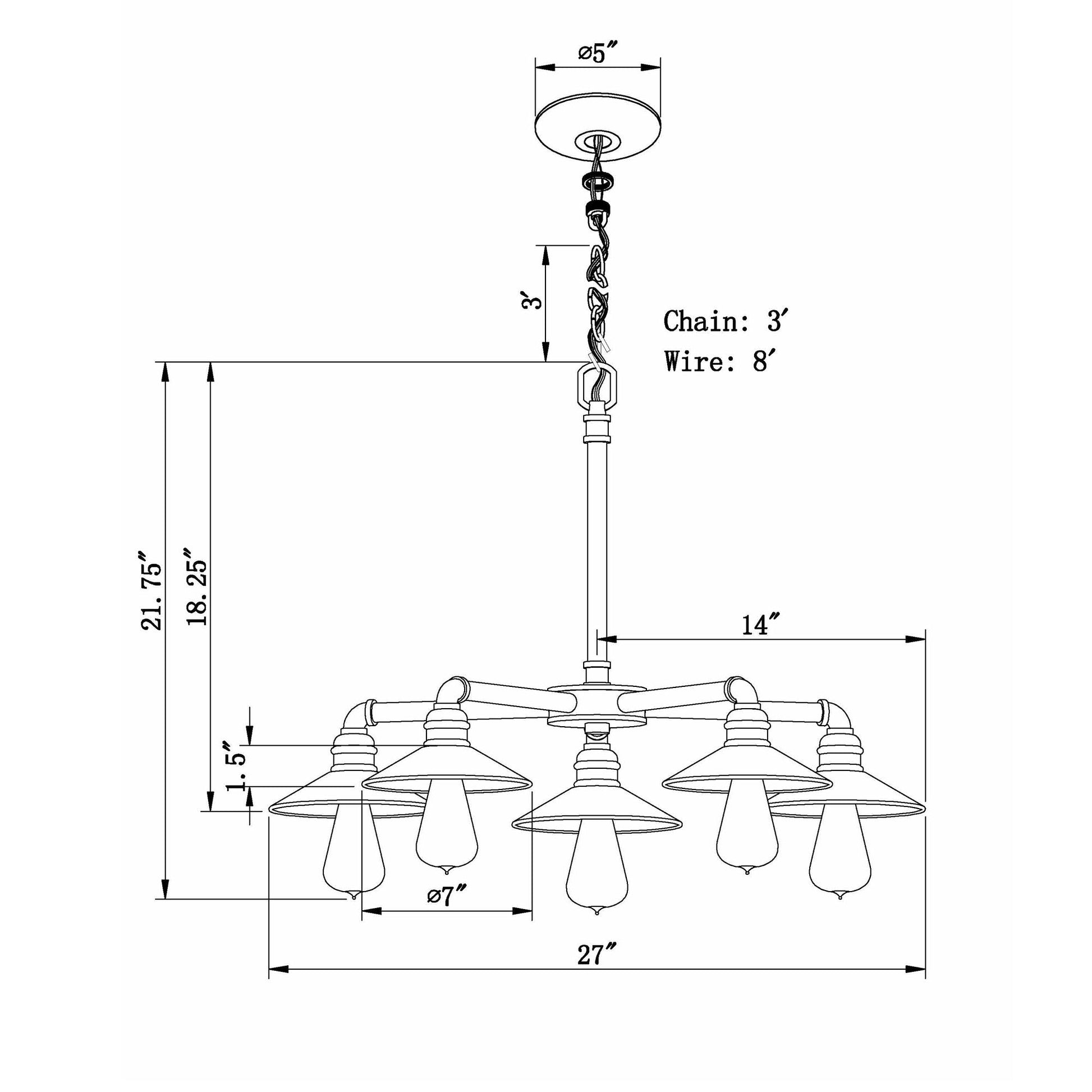 Forte Lighting Ori 27" 5-Light Steel Antique Bronze Chain Hung Chandelier With Metal Shades