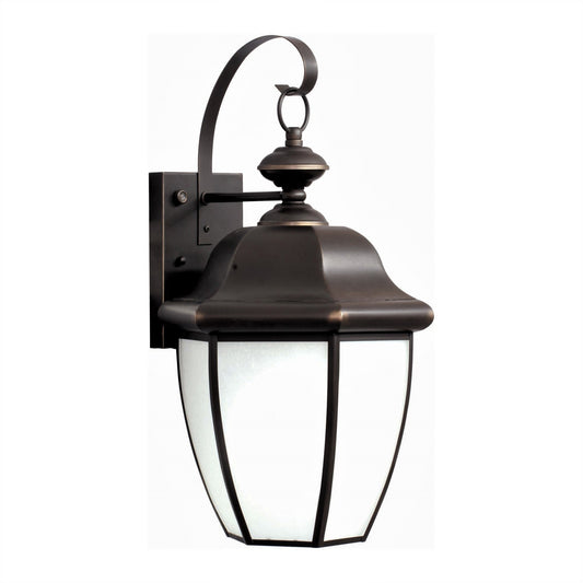 Forte Lighting Roy 10" Brass Fluorescent Bulb Royal Bronze Outdoor Wall Light With Frosted Seeded Glass Panels Shade