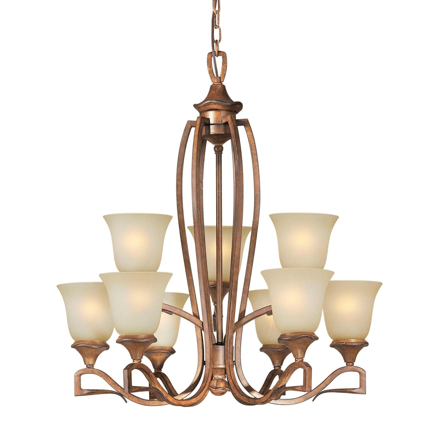 Forte Lighting Sutter 28" 9-Light Steel Rustic Sienna Chandelier With Umber Mist Glass Shades