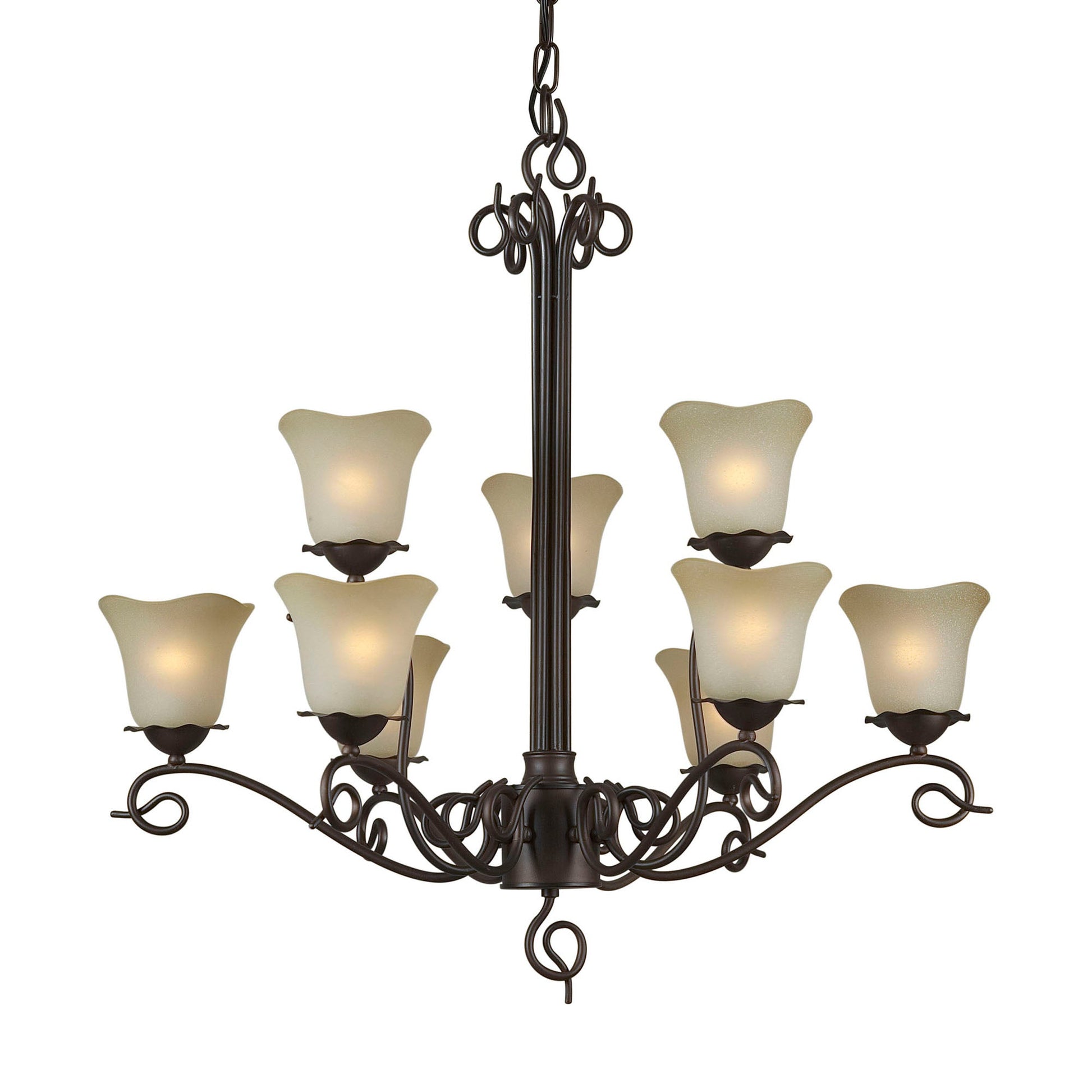 Forte Lighting Sutter 32" 9-Light Steel Antique Bronze Chandelier With Shaded Umber Glass Shades