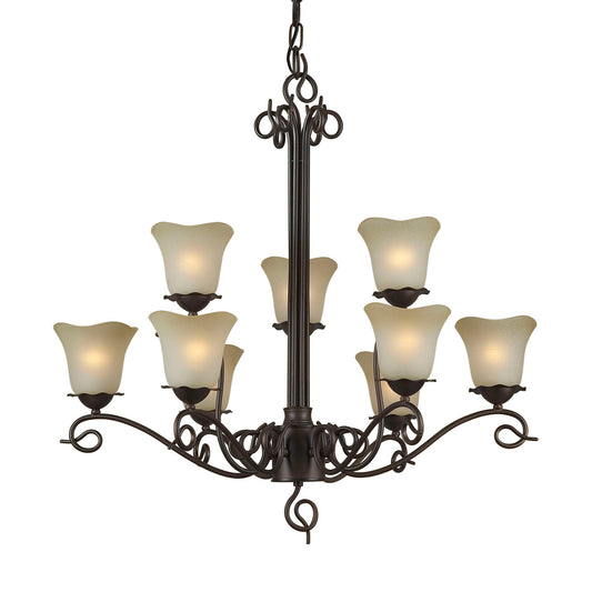 Forte Lighting Sutter 32" 9-Light Steel Antique Bronze Chandelier With Shaded Umber Glass Shades