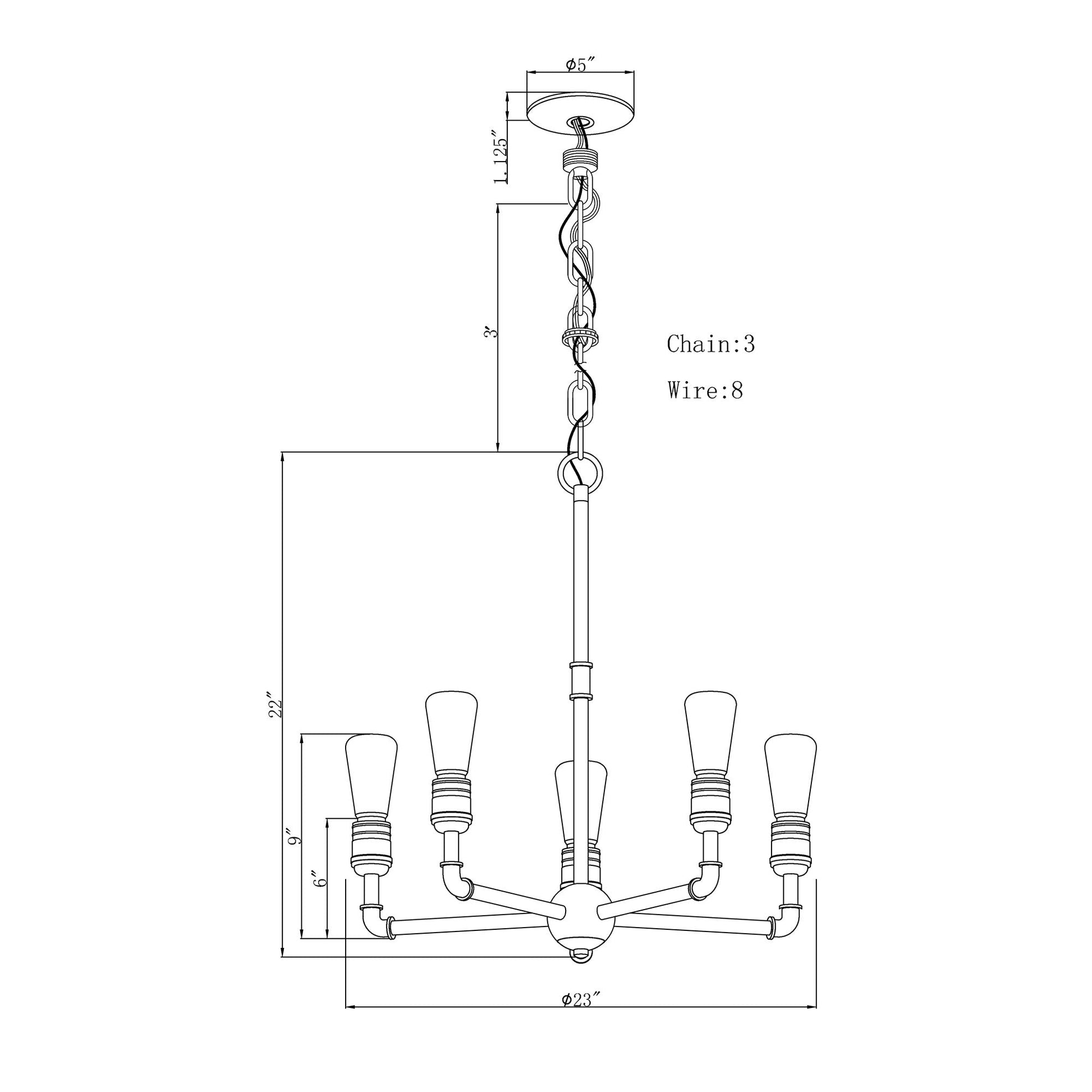 Forte Lighting Uccelo 23" 5-Light Steel Bare Bulb Chandelier In Brushed Nickel Finish