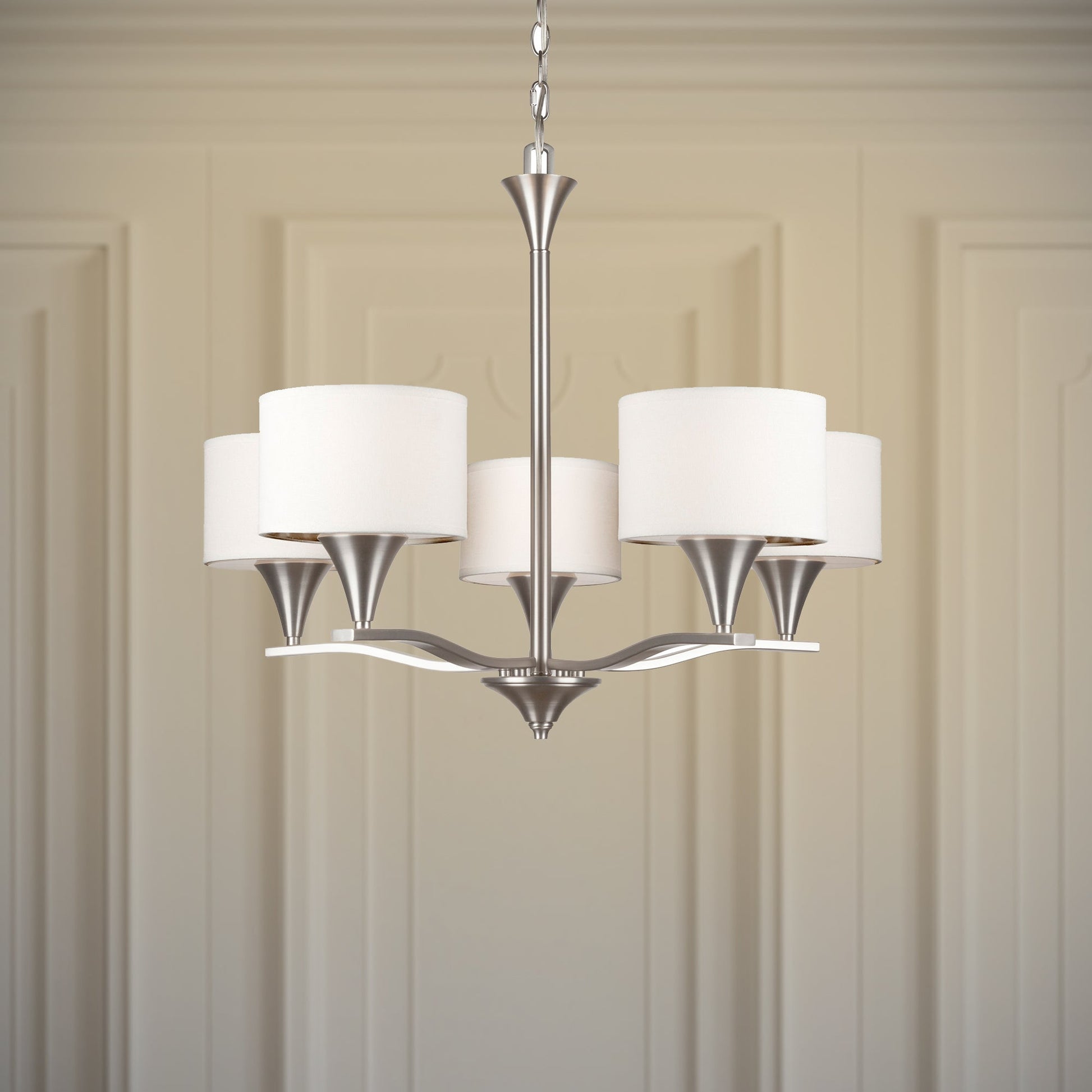 Forte Lighting Ute 28" 5-Light Steel Brushed Nickel Round Chandelier With Off White Linen Shades