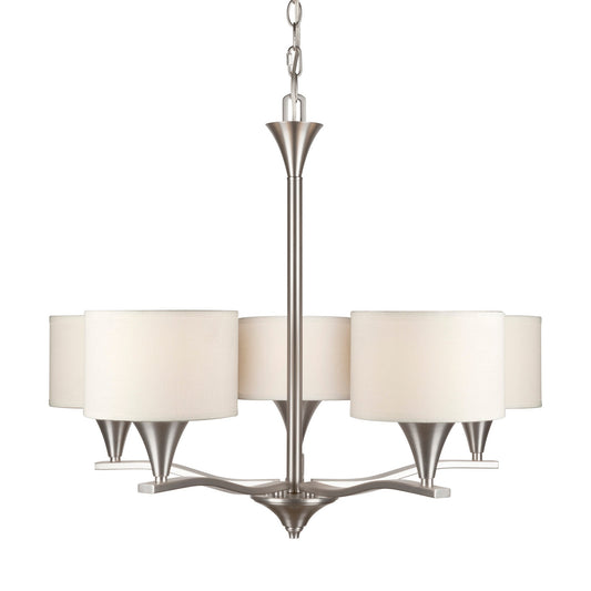 Forte Lighting Ute 28" 5-Light Steel Brushed Nickel Round Chandelier With Off White Linen Shades