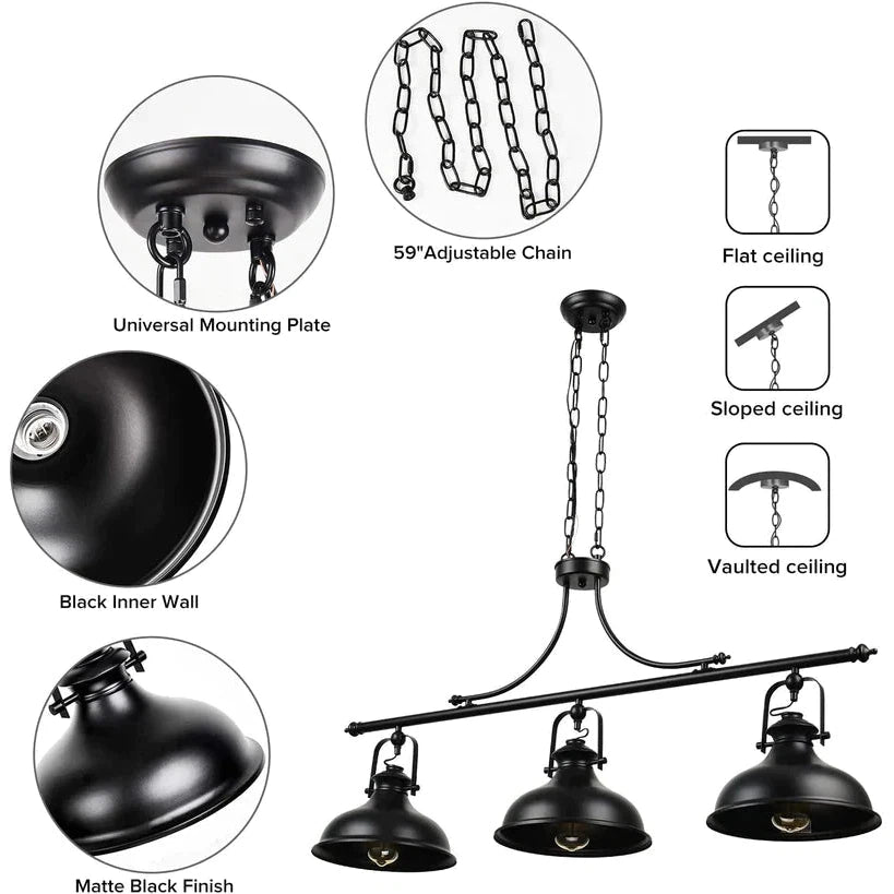 GZBtech Kitchen Island Black Dome 3-Lights Pendant