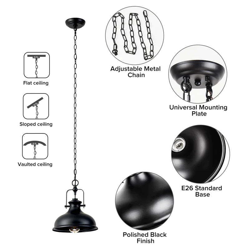 GZBtech Single Industrial Black Dome Pendant light