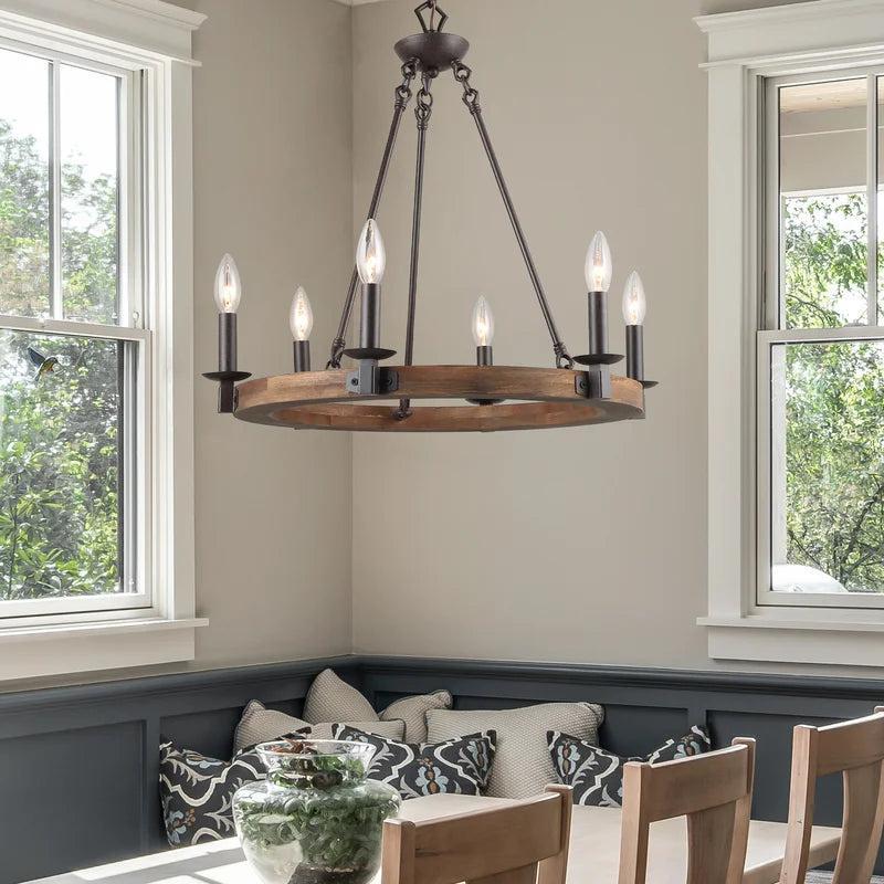 GZBtech Wood Wagon Wheel 23" 6-Light Round Chandelier
