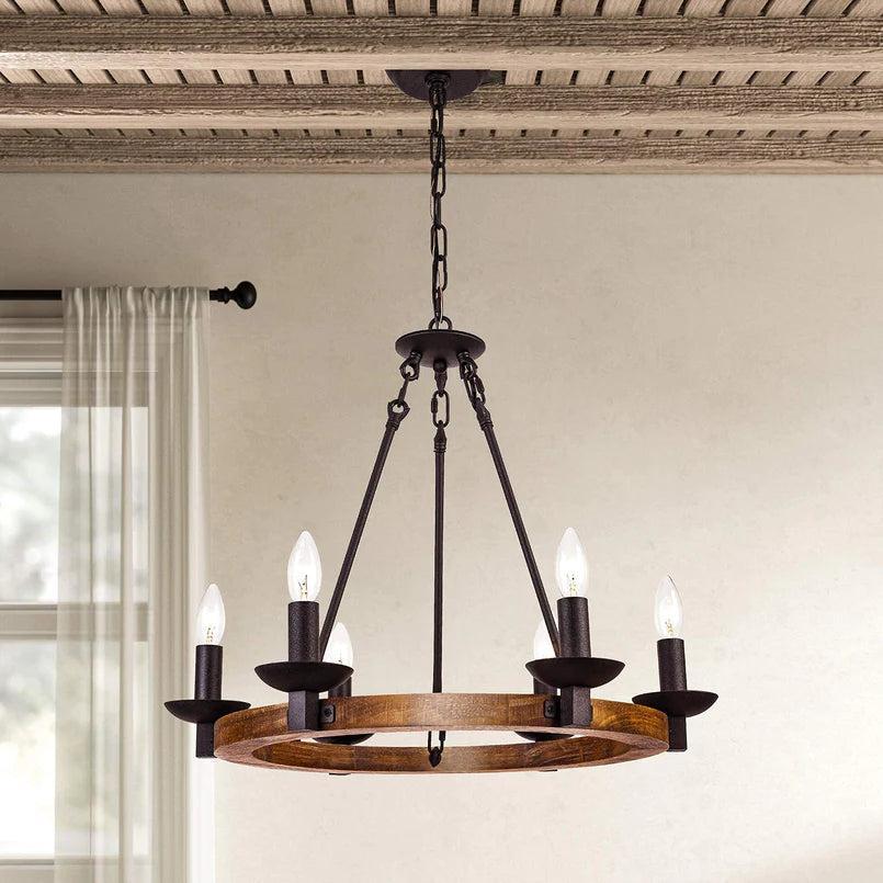 GZBtech Wood Wagon Wheel 23" 6-Light Round Chandelier