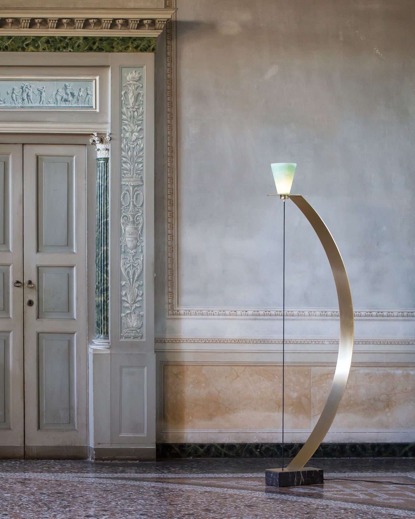 G.Luce Balestra 80" 1-Light Satin Light Gold Finish Floor Lamp With Marble & Brass Base