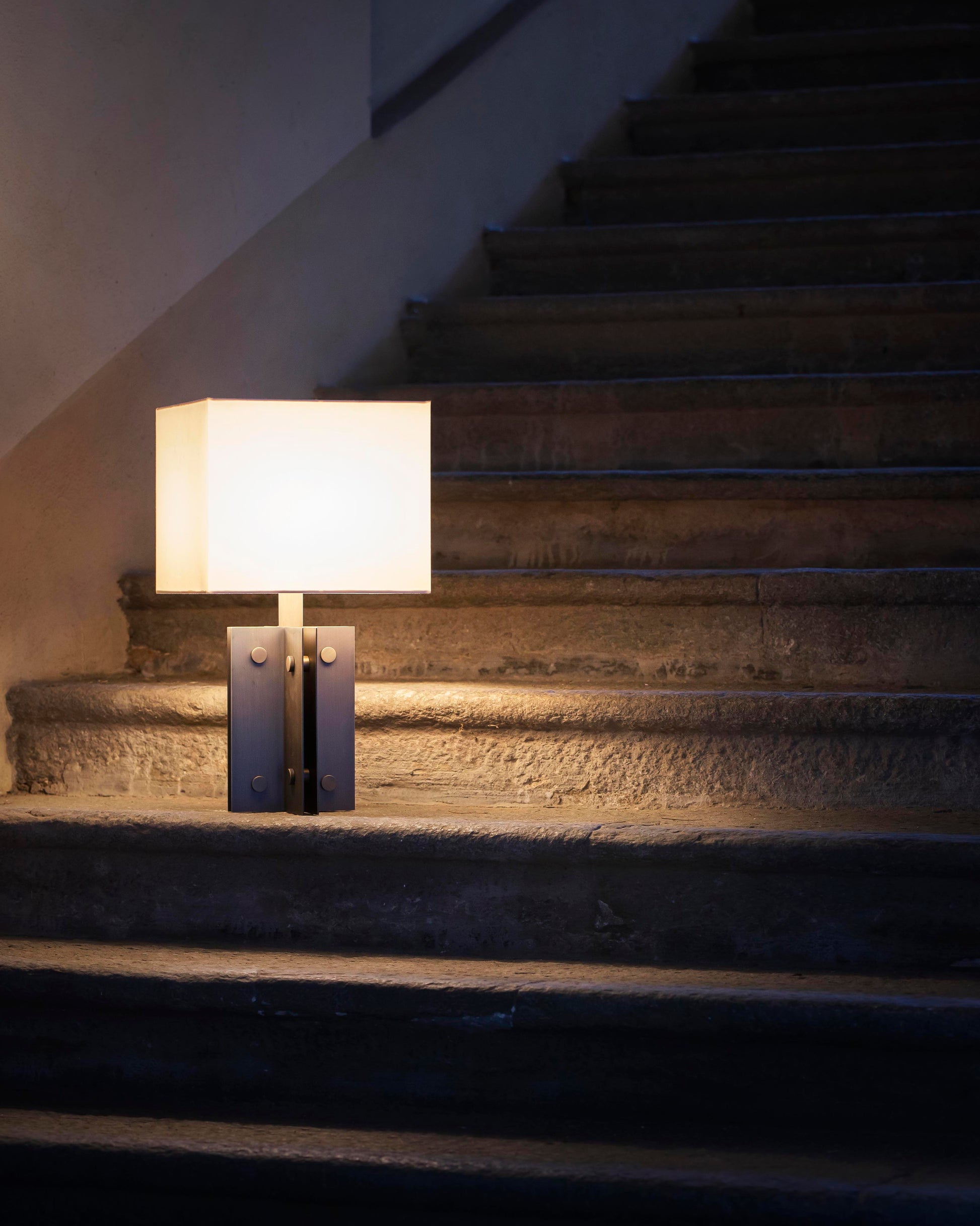 G.Luce Empire Brass In A Light Satin Gold Or Bronze Finish Table Lamp With Percalline Lampshade