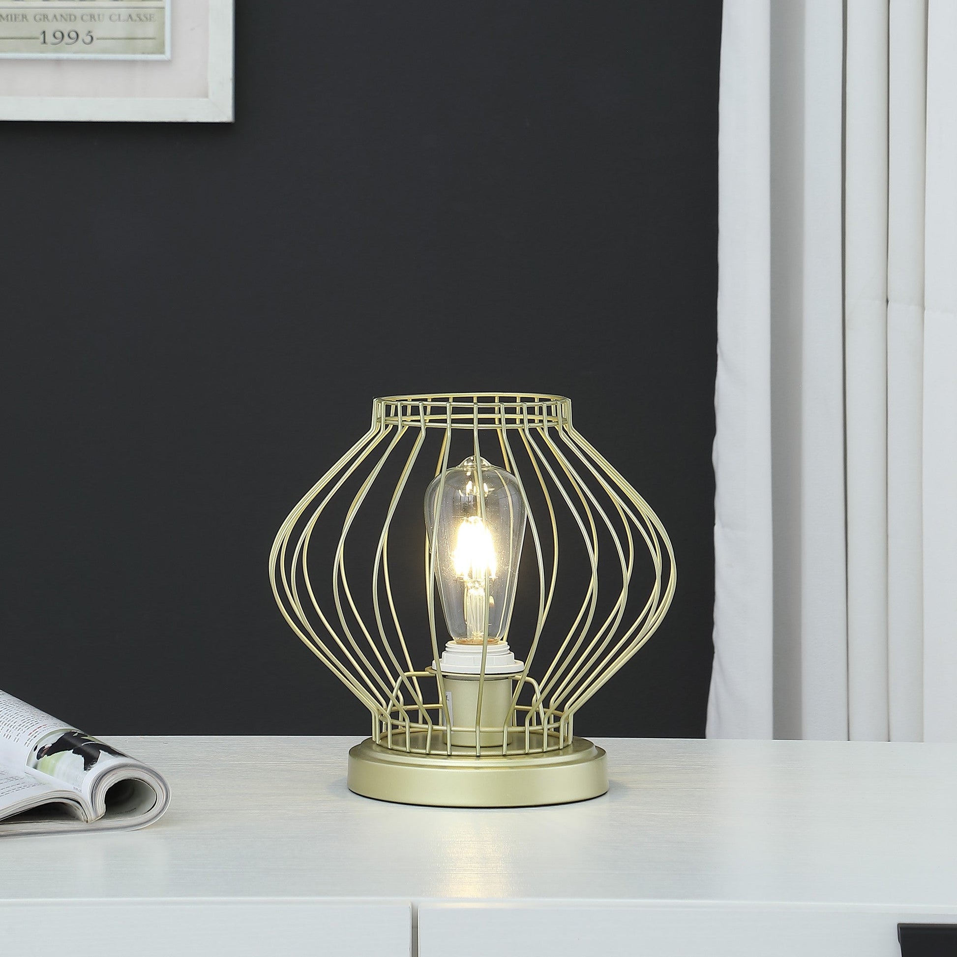 HomeRoots 10” Industrial Metal Open Cage Table Lamp in Gold Finish